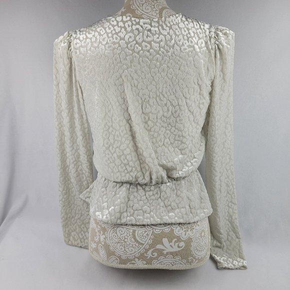 Express winter white velvet snow lepord faux wrap puff shoulder peblum top - Picture 3 of 8